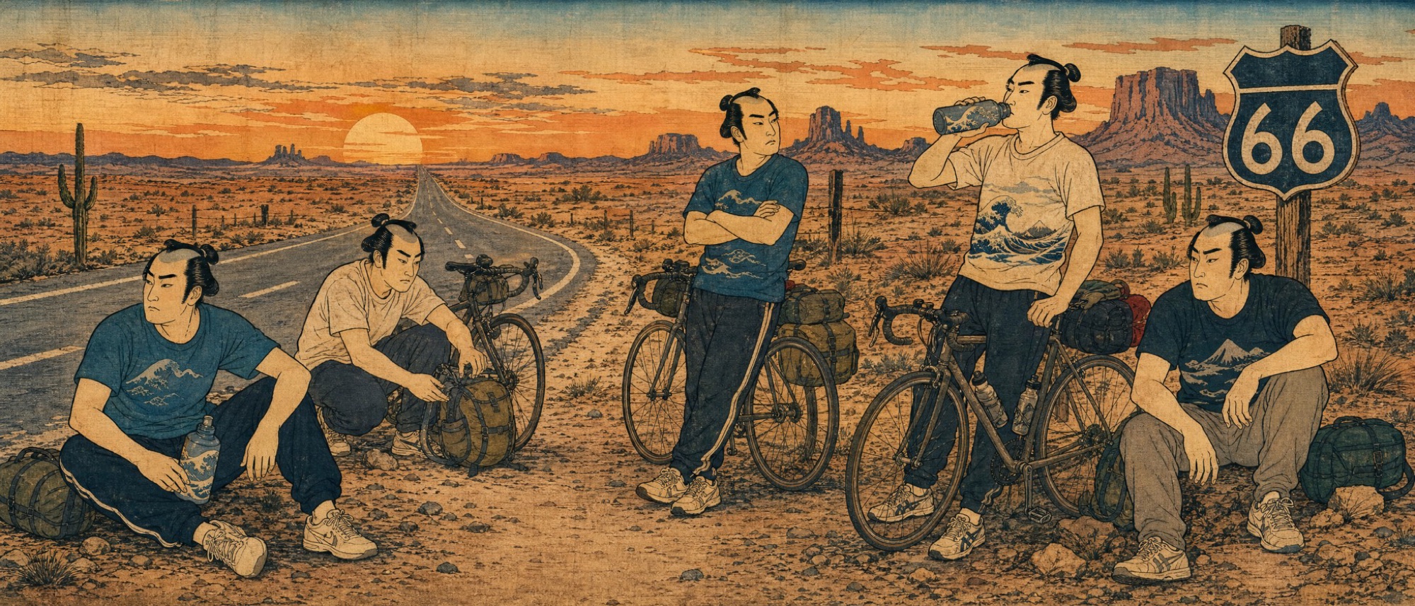 浮世GUYS メインビジュアル:Route66の砂漠道で一休みする浮世絵風の自転車旅の若者たち